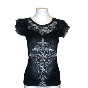 Spiral Black Lace Ruffle Lace Shirt Size Small